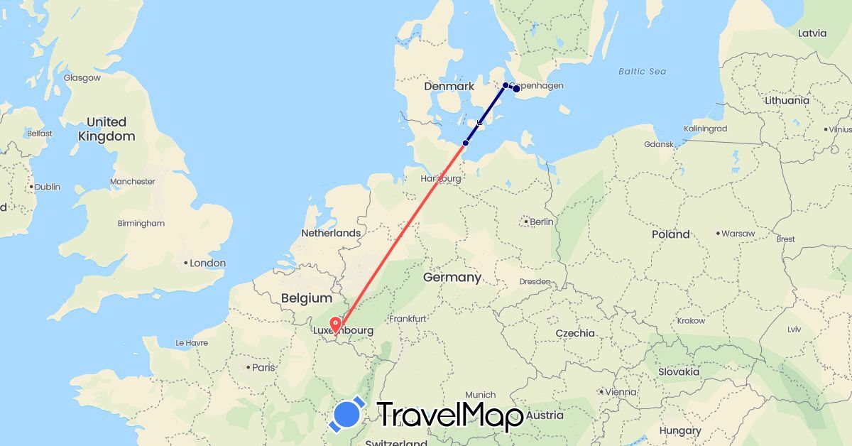 TravelMap itinerary: driving, hiking in Belgium, Germany, Denmark, Sweden (Europe)